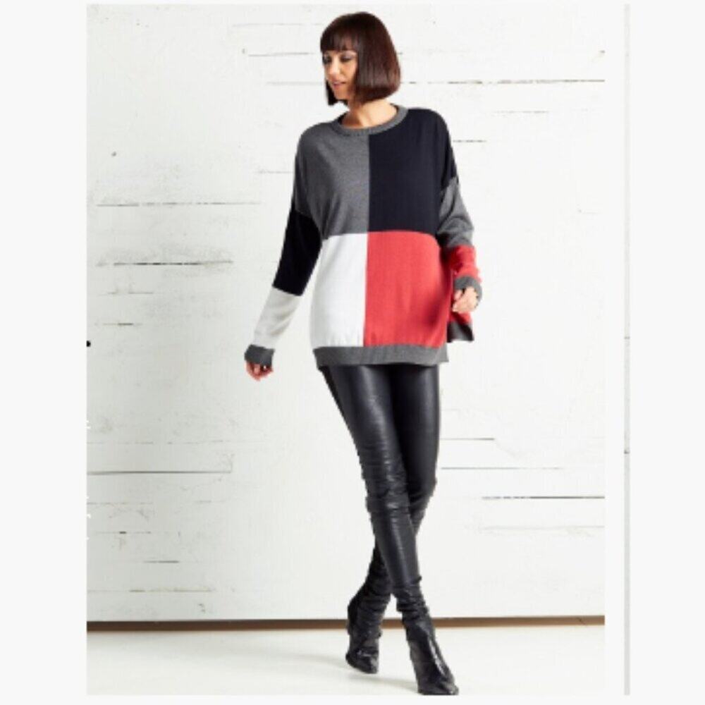 Planet by Lauren G Colorblock Pima Cotton Sweater - Gray Black Red OS - Picture 2 of 11